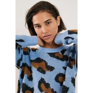 Anthropologie Carolyn Fuzzy Leopard Sweater Blue Size S
